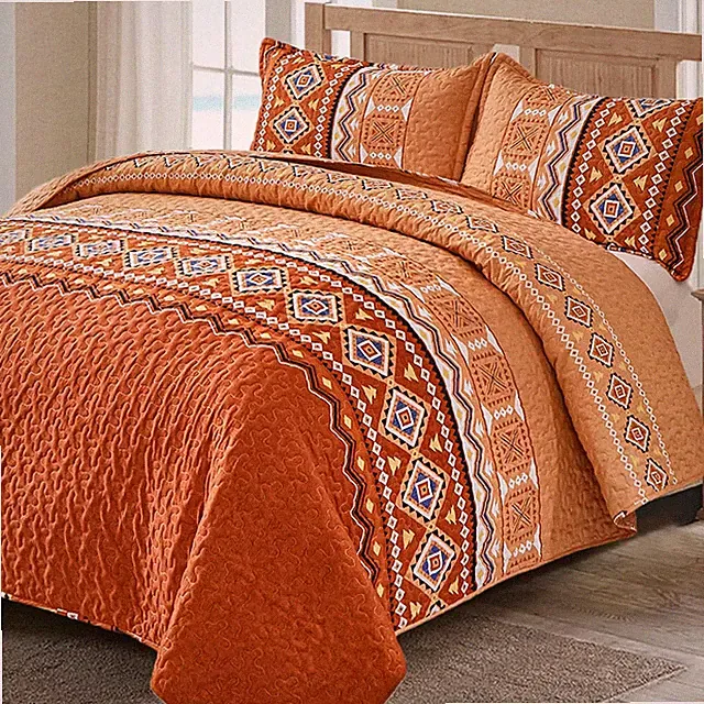 3 Pieces Quilt Set King Size, Burnt Orange/Rust Thanksgiving Quilt Bedspread Fal