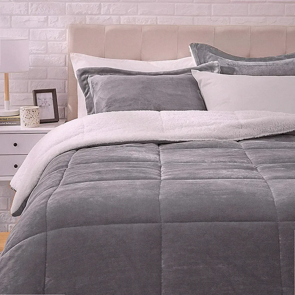 Amazon Basics Ultra-Soft Micromink Sherpa Blanket Set, King, Charcoil