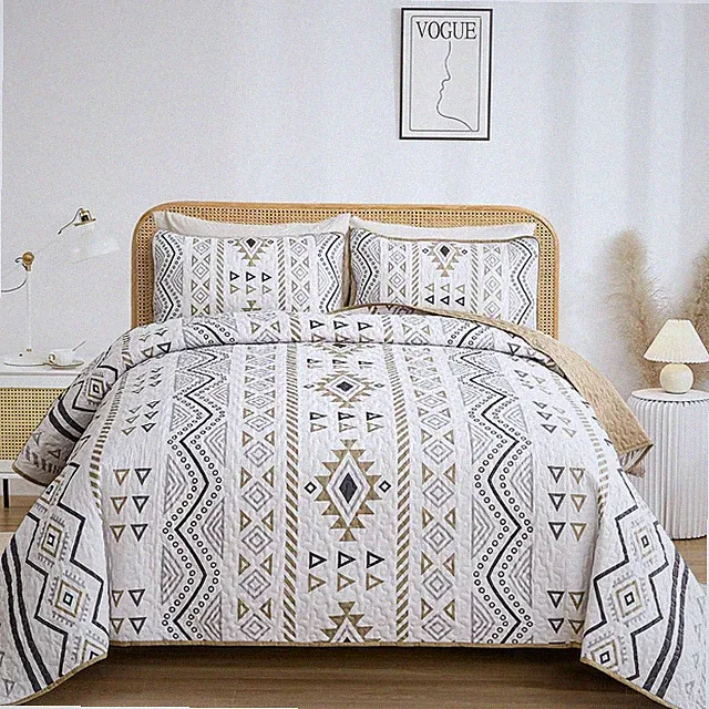 Boho Queen Size Aztec Quilt Set 3 Pieces Lightweight Fall Quilt Beddding Set, So