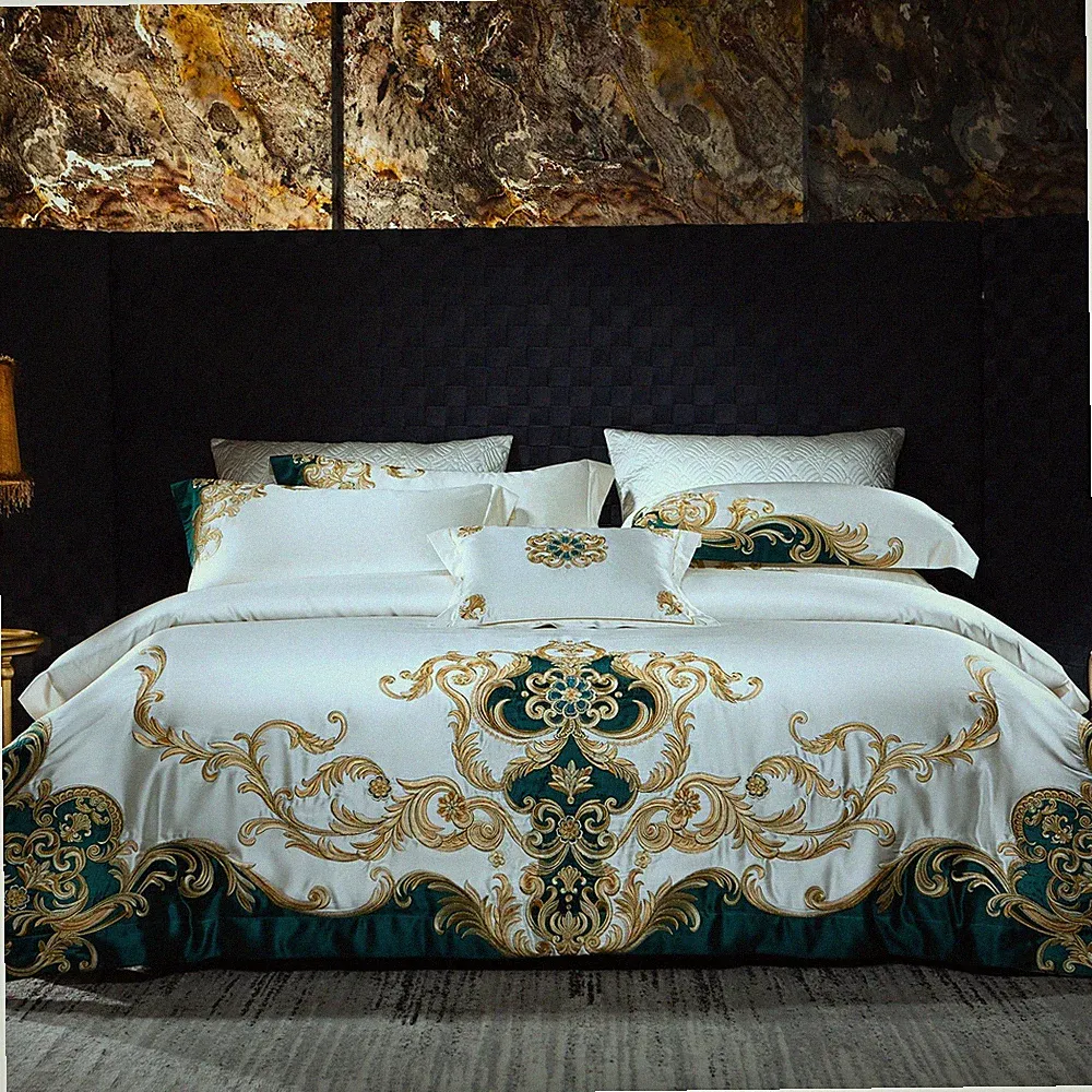 Silk Cotton Lace Bedding Set 4 Pcs Duvet Cover Bed Sheet Pillowcases Embroidery