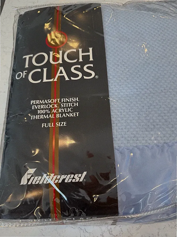 Vtg Fieldcrest Touch Of Class Blue 100% Acrylic Satin Trim Full Blanket Waffle